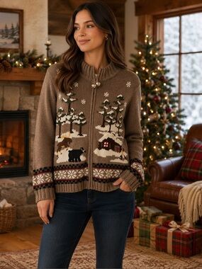 Vintage Cabin Scene Christmas Sweater Cardigan Croft & Barrow Medium
